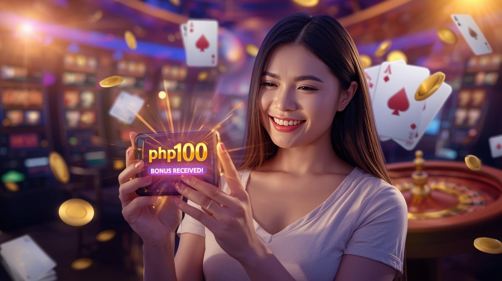 Filipino player at online casino Nustargame with 100php bonus popup on screen