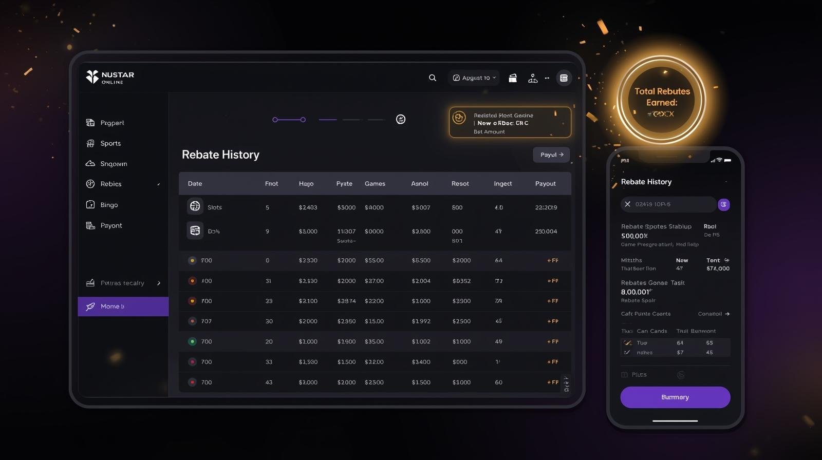 User rebate dashboard at Nustargame casino account